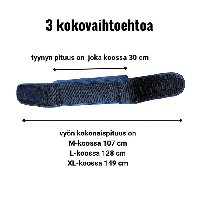 Chillamo kuorsausvyö/uniapneavyön kokovaihtoehdot ja mitat.
