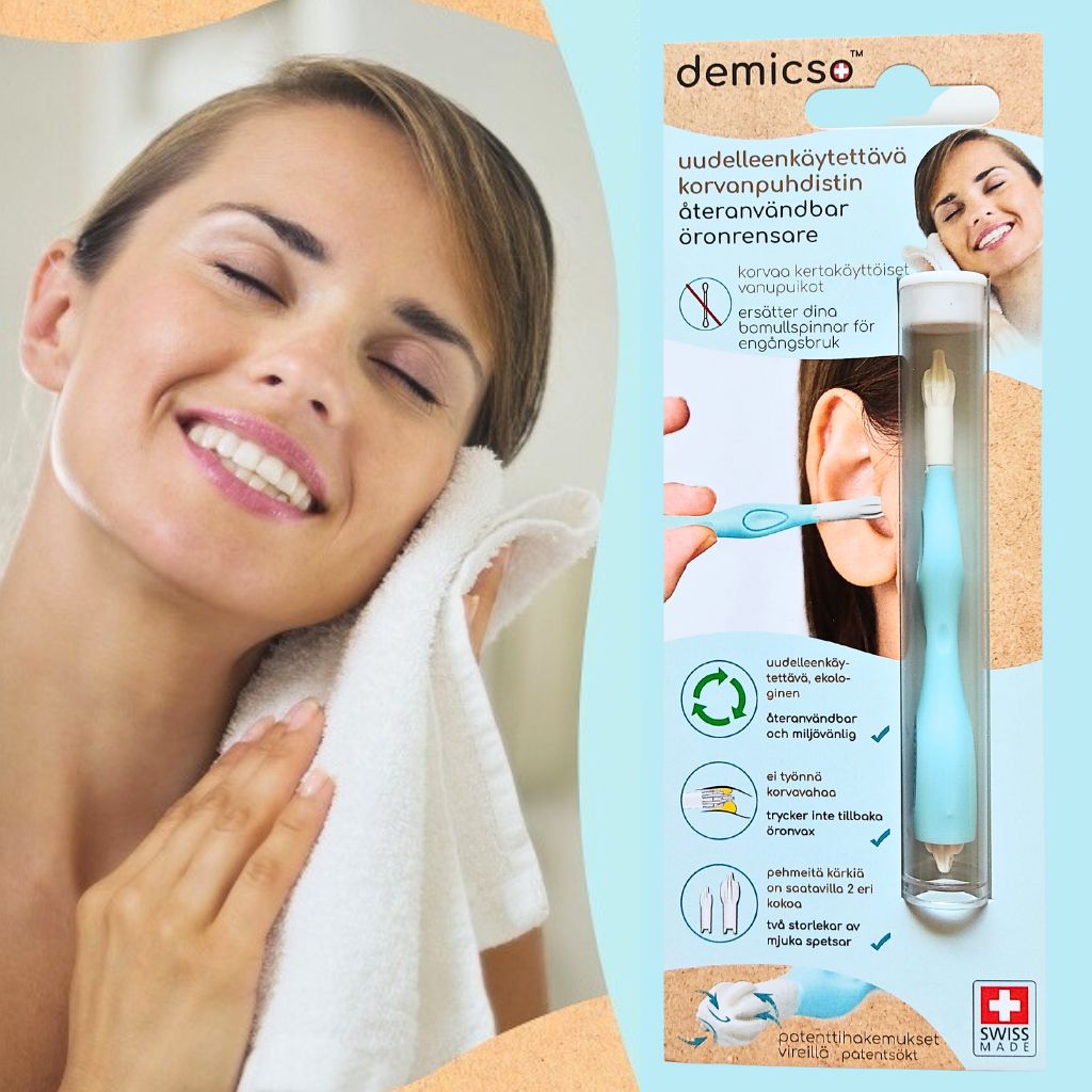 Demicso-korvanpuhdistaja ja pakkaus.