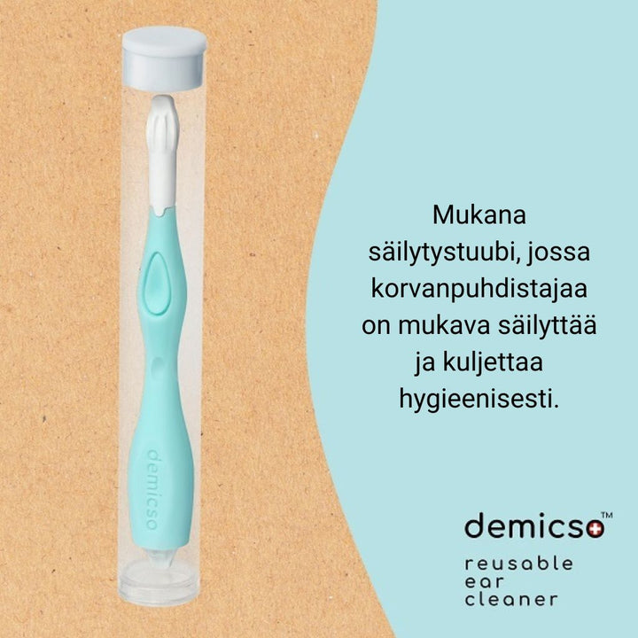 Demicso-korvanpuhdistaja säilytystuubissa.