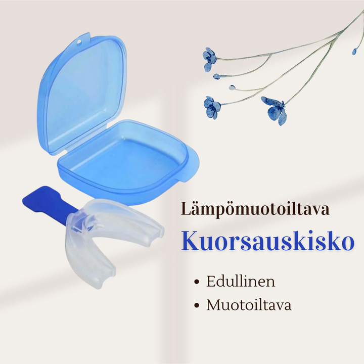 Lämpömuotoiltava kuorsauskisko  pitää kielen pois nielusta unen aikana ja estää/vähentää kuorsausta.