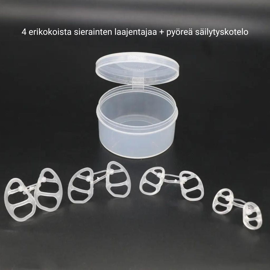 Pyöreä sierainten laajentaja säilytyskotelossa, neljä eri kokoa.