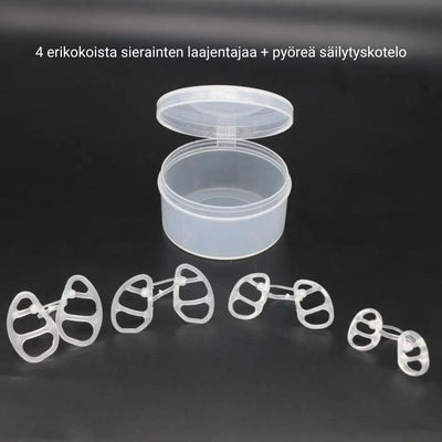 Pyöreä sierainten laajentaja säilytyskotelossa, neljä eri kokoa.